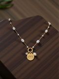 Stainless Steel Faux Pearl engraved Charm Necklace