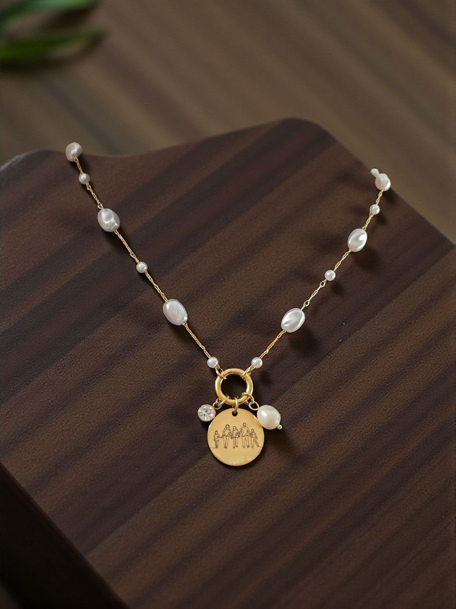 Stainless Steel Faux Pearl engraved Charm Necklace